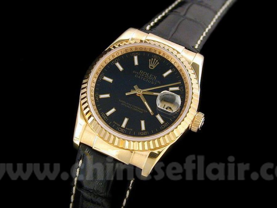 Rolex Datejust Black leather Watch: Gold Black Dial - Buy Replic